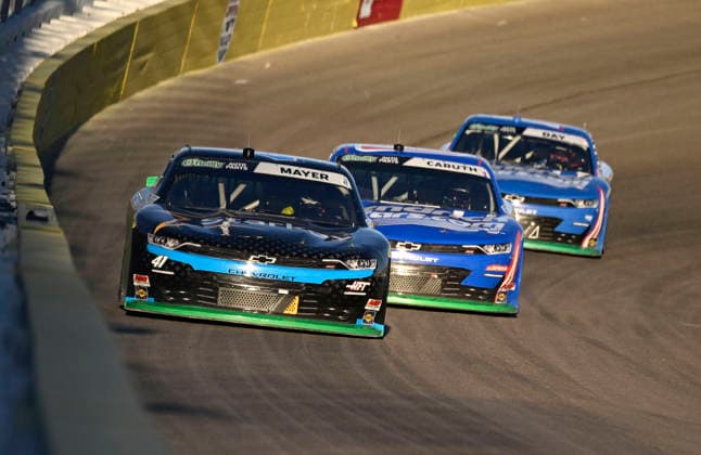 LAS VEGAS, NV - OCTOBER 03: Sam Mayer ( 41 Haas Factory Team Starkey Omega A.I. + Chevrolet). Rajah Caruth ( 88 JR Motorsports HendrickCars.com Chevrolet) and Corey Day ( 17 Hendrick Motorsports HendrickCars.com Chevrolet) race for the lead during the middle laps of the NASCAR, Motorsport, USA O™Reilly Auto Parts Series Focused Health 302 playoff race at Las Vegas Motor Speedway Saturday Oct. 3, 2026 in Las Vegas, Nevada. (Photo by Will Lester Icon Sportswire) AUTO: OCT 03 NASCAR O™Reilly Auto Parts Series Focused Health 302 EDITORIAL USE ONLY Icon26100332692