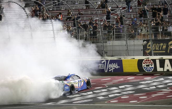 LAS VEGAS, NV - OCTOBER 03: Corey Day ( 17 Hendrick Motorsports HendrickCars.com Chevrolet) does a burnout after winning the NASCAR, Motorsport, USA O™Reilly Auto Parts Series Focused Health 302 on Saturday, Oct. 3, 2026, at the Las Vegas Motor Speedway in Las Vegas, NV. (Photo by Marc Sanchez Icon Sportswire) AUTO: OCT 03 NASCAR O™Reilly Auto Parts Series Focused Health 302 EDITORIAL USE ONLY Icon1442610034133