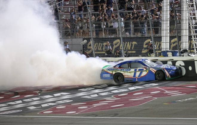 LAS VEGAS, NV - OCTOBER 03: Corey Day ( 17 Hendrick Motorsports HendrickCars.com Chevrolet) does a burnout after winning the NASCAR, Motorsport, USA O™Reilly Auto Parts Series Focused Health 302 on Saturday, Oct. 3, 2026, at the Las Vegas Motor Speedway in Las Vegas, NV. (Photo by Marc Sanchez Icon Sportswire) AUTO: OCT 03 NASCAR O™Reilly Auto Parts Series Focused Health 302 EDITORIAL USE ONLY Icon1442610034156