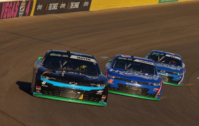 LAS VEGAS, NV - OCTOBER 03: Sam Mayer ( 41 Haas Factory Team Starkey Omega A.I.+ Chevrolet), Rajah Caruth ( 88 JR Motorsports Hendrick Cars.com Chevrolet) and Corey Day ( 17 Hendrick Motorsports HendrickCars.com Chevrolet) race for the lead during the NASCAR, Motorsport, USA O™Reilly Auto Parts Series Focused Health 302 race on Saturday, Oct. 3, 2026, at the Las Vegas Motor Speedway in Las Vegas, NV. (Photo by Marc Sanchez Icon Sportswire) AUTO: OCT 03 NASCAR O™Reilly Auto Parts Series Focused Health 302 EDITORIAL USE ONLY Icon1442610032811