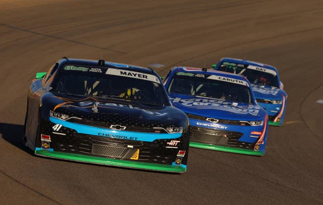 LAS VEGAS, NV - OCTOBER 03: Sam Mayer ( 41 Haas Factory Team Starkey Omega A.I.+ Chevrolet), Rajah Caruth ( 88 JR Motorsports Hendrick Cars.com Chevrolet) and Corey Day ( 17 Hendrick Motorsports HendrickCars.com Chevrolet) race for the lead during the NASCAR, Motorsport, USA O™Reilly Auto Parts Series Focused Health 302 race on Saturday, Oct. 3, 2026, at the Las Vegas Motor Speedway in Las Vegas, NV. (Photo by Marc Sanchez Icon Sportswire) AUTO: OCT 03 NASCAR O™Reilly Auto Parts Series Focused Health 302 EDITORIAL USE ONLY Icon1442610032813