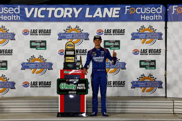 LAS VEGAS, CA - OCTOBER 03: Corey Day ( 17 Hendrick Motorsports HendrickCars.com Chevrolet) celebrates in victory lane with the trophy after winning the Focused Health 302 NASCAR, Motorsport, USA O™Reilly Auto Parts Series race on October 3, 2026, at Las Vegas Motor Speedway in Las Vegas, NV. (Photo by Jeff Speer LVMS Icon Sportswire) AUTO: OCT 03 NASCAR O™Reilly Auto Parts Series Focused Health 302 EDITORIAL USE ONLY Icon26100319239