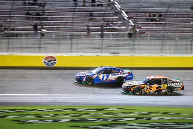 LAS VEGAS, NV - OCTOBER 03: Corey Day ( 17 Hendrick Motorsports HendrickCars.com Chevrolet) passes Carson Kvapil ( 1 JR Motorsports Bass Pro Shops Chevrolet) on the last lap of the O™Reilly Auto Parts Series Focused Health 302 on October 3, 2026, at Las Vegas Motor Speedway in Las Vegas, NV. (Photo by Christopher Trim Icon Sportswire) AUTO: OCT 03 NASCAR, Motorsport, USA O™Reilly Auto Parts Series Focused Health 302 EDITORIAL USE ONLY Icon261003302021