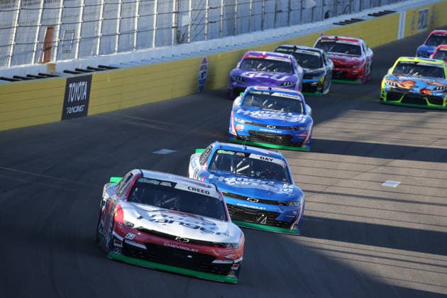 LAS VEGAS, NV - OCTOBER 03: Sheldon Creed ( 00 Haas Factory Team Road Ranger Chevrolet) leads Corey Day ( 17 Hendrick Motorsports HendrickCars.com Chevrolet) during the NASCAR, Motorsport, USA O Reilly Auto Parts Series Focused Health 302 playoff race at Las Vegas Motor Speedway Saturday Oct. 3, 2026 in Las Vegas, Nevada. (Photo by Matthew Bolt Icon Sportswire) AUTO: OCT 03 NASCAR O™Reilly Auto Parts Series Focused Health 302 EDITORIAL USE ONLY Icon296000360603400