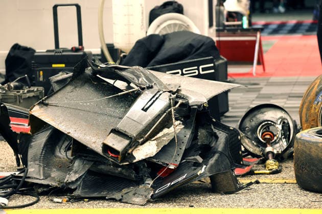 Damaged carbon fiber parts following an accident involving the Porsche 963 driven by Felipe Nasr, Laurin Heinrich, and Julien Andlauer; Porsche Penske tent; IMSA racing series; 29th Motul Petit Le Mans race; Road Atlanta, Georgia, USA; October 3, 2026; retirement,