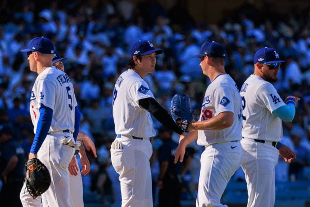 October 3, 2026, Los Angeles, California, USA: Shohei Ohtani 17 of the Los Angeles Dodgers exchanges a low-five with closer, Evan Phillips 59 in the postgame line after defeating the Atlanta Braves in NLDS Game 1 on Saturday, October 3, 2026, at Dodger Stadium in Los Angeles, California. Dodgers defeat Braves, 5-3, in NLDS Game 1. JAVIER ROJAS PI Los Angeles USA - ZUMAp124 20261003_zaa_p124_059 Copyright: xJavierxRojasx