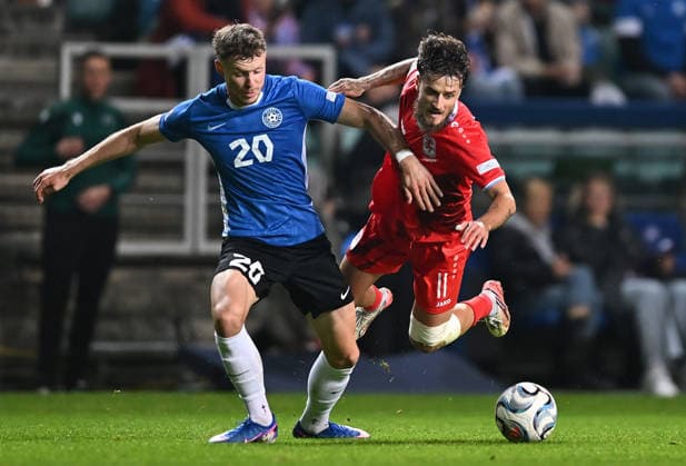 (261004) -- TALLINN, Oct. 4, 2026 -- Estonia s Markus Poom (L) challenges Luxembourg s Vicent Thill during the 2026 27 UEFA Nations League C Group C4 football match between Estonia and Luxembourg at A. Le Coq Arena in Tallinn, Estonia, Oct. 3, 2026. (Photo by Xinhua) (SP)ESTONIA-TALLINN-FOOTBALL-UEFA NATIONS LEAGUE C-ESTONIA VS LUXEMBOURG SergeixStepanov 