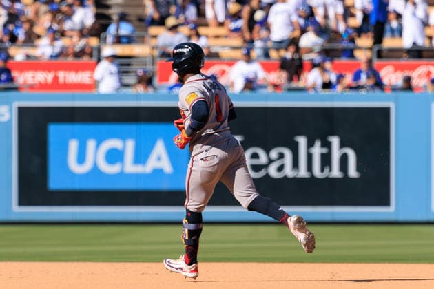 October 3, 2026, Los Angeles, California, USA: Ozzie Albies 1 of the Atlanta Braves rounds the bases after hitting a two-run home run in the 9th inning during NLDS Game 1 against the Los Angeles Dodgers on Saturday October 3, 2026 at Dodger Stadium in Los Angeles, California. Dodgers defeat Braves, 5-3, in NLDS Game 1. JAVIER ROJAS PI Los Angeles USA - ZUMAp124 20261003_zaa_p124_051 Copyright: xJavierxRojasx