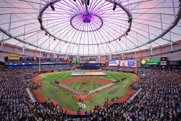 October 3, 2026, St. Petersburg, Florida, USA: A general image of the field during the National Anthem prior to game one of the ALDS for the 2026 MLB, Baseball Herren, USA Playoffs between the Tampa Bay Rays and the New York Yankees on October 3, 2026 at Tropicana Field. The Rays beat the Yankees 1-0. MLB 2026: ALDS Tampa Bay 1 : 0 New York Yankees  - ZUMAh180 20261003_zsp_h180_016 Copyright: xKimxHukarix