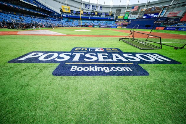 October 3, 2026, St. Petersburg, Florida, USA: A general image of the Postseason logo during pregame warmups prior to game one of the ALDS for the 2026 MLB, Baseball Herren, USA Playoffs between the Tampa Bay Rays and the New York Yankees on October 3, 2026 at Tropicana Field. The Rays beat the Yankees 1-0. St. Petersburg USA - ZUMAh180 20261003_zsp_h180_002 Copyright: xKimxHukarix
