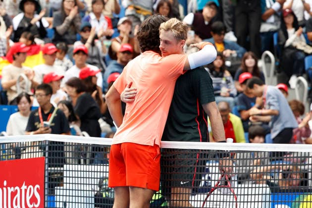 October 4, 2026, Tokyo, Japan: Carlos Alcaraz (Spain), left, hugs Denis Shapovalov (Canada) at the net after Shapovalov was forced to retire due to an injury during their quarterfinal match at the Kinoshita Group Japan Open Tennis Championships at Ariake Colosseum in Tokyo. Alcaraz won 7-6(3), 2-1 Tokyo Japan - ZUMAm191 20261004_aap_m191_092 Copyright: xRodrigoxReyesxMarinx