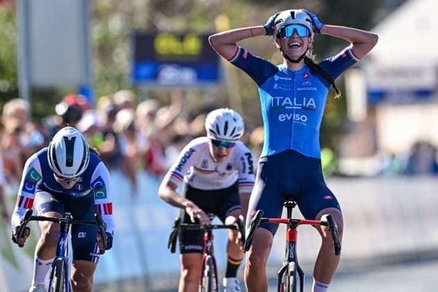Italian Azzurra Ballan celebrates as she crosses the finish line to win the junior women Road Race race (66,3 km) at the cycling UEC Road European Championships, in Ljubljana, Slovenia Sunday 4 October 2026. The UEC Road European Championships are taking place from 02 to 07 October in Ljubljana, Slovenia. DAVIDxPINTENS  x188683251x