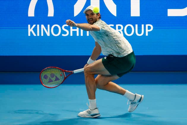 October 4, 2026, Tokyo, Japan: Valentin Vacherot (Monaco) returns a shot against Arthur Fils (France) during their quarterfinal match at the Kinoshita Group Japan Open Tennis Championships at Ariake Colosseum in Tokyo. The tournament runs from September 29 to October 6. Vacherot won 7-5, 4-6, 6-4. Tokyo Japan - ZUMAm191 20261004_aap_m191_106 Copyright: xRodrigoxReyesxMarinx