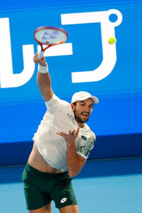 October 4, 2026, Tokyo, Japan: Valentin Vacherot (Monaco) serves against Arthur Fils (France) during their quarterfinal match at the Kinoshita Group Japan Open Tennis Championships at Ariake Colosseum in Tokyo. The tournament runs from September 29 to October 6. Vacherot won 7-5, 4-6, 6-4. Tokyo Japan - ZUMAm191 20261004_aap_m191_135 Copyright: xRodrigoxReyesxMarinx