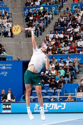 October 4, 2026, Tokyo, Japan: Valentin Vacherot (Monaco) serves against Arthur Fils (France) during their quarterfinal match at the Kinoshita Group Japan Open Tennis Championships at Ariake Colosseum in Tokyo. The tournament runs from September 29 to October 6. Vacherot won 7-5, 4-6, 6-4. Tokyo Japan - ZUMAm191 20261004_aap_m191_128 Copyright: xRodrigoxReyesxMarinx