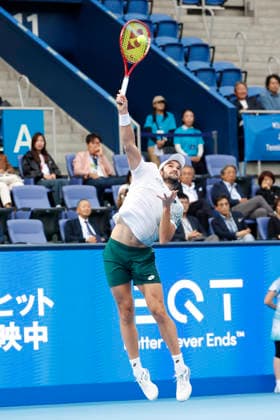 October 4, 2026, Tokyo, Japan: Valentin Vacherot (Monaco) serves against Arthur Fils (France) during their quarterfinal match at the Kinoshita Group Japan Open Tennis Championships at Ariake Colosseum in Tokyo. The tournament runs from September 29 to October 6. Vacherot won 7-5, 4-6, 6-4. Tokyo Japan - ZUMAm191 20261004_aap_m191_112 Copyright: xRodrigoxReyesxMarinx