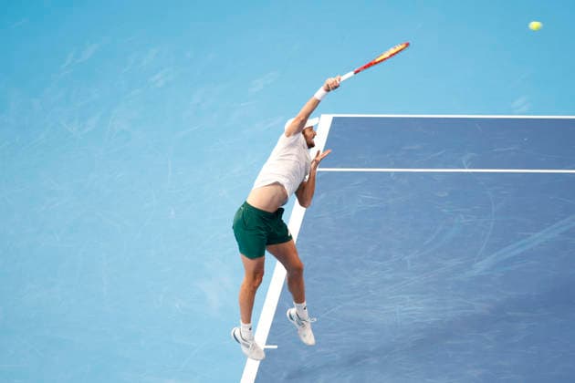 October 4, 2026, Tokyo, Japan: Valentin Vacherot (Monaco) serves against Arthur Fils (France) during their quarterfinal match at the Kinoshita Group Japan Open Tennis Championships at Ariake Colosseum in Tokyo. The tournament runs from September 29 to October 6. Vacherot won 7-5, 4-6, 6-4. Tokyo Japan - ZUMAm191 20261004_aap_m191_114 Copyright: xRodrigoxReyesxMarinx
