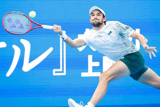 October 4, 2026, Tokyo, Japan: Valentin Vacherot (Monaco) returns a shot against Arthur Fils (France) during their quarterfinal match at the Kinoshita Group Japan Open Tennis Championships at Ariake Colosseum in Tokyo. The tournament runs from September 29 to October 6. Vacherot won 7-5, 4-6, 6-4. Tokyo Japan - ZUMAm191 20261004_aap_m191_096 Copyright: xRodrigoxReyesxMarinx