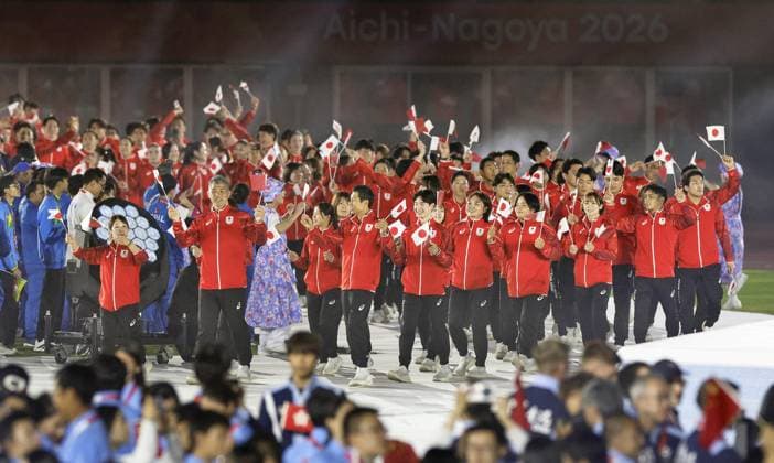 Aichi-Nagoya Asian Games: Closing ceremony Japanese athletes march during the closing ceremony of the Aichi-Nagoya Asian Games at Mizuho Park Athletic Stadium in Nagoya, central Japan, on Oct. 4, 2026.  A14AA0005629991P