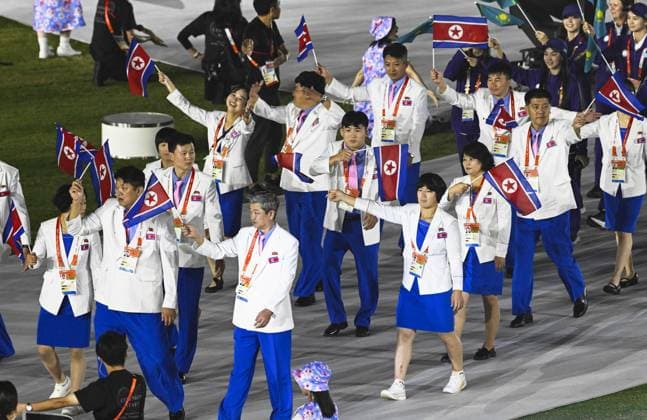 Aichi-Nagoya Asian Games: Closing ceremony North Korean athletes march during the closing ceremony of the Aichi-Nagoya Asian Games at Mizuho Park Athletic Stadium in Nagoya, central Japan, on Oct. 4, 2026.  A14AA0005629999P