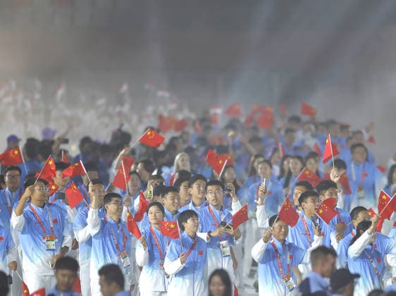 (261004) -- NAGOYA, Oct. 4, 2026 -- The delegation of China parade into the stadium during the closing ceremony of the 20th Asian Games Aichi-Nagoya 2026 in Nagoya, Japan, Oct. 4, 2026. ) (SP)JAPAN-NAGOYA-ASIAN GAMES-CLOSING CEREMONY WuxZhizun