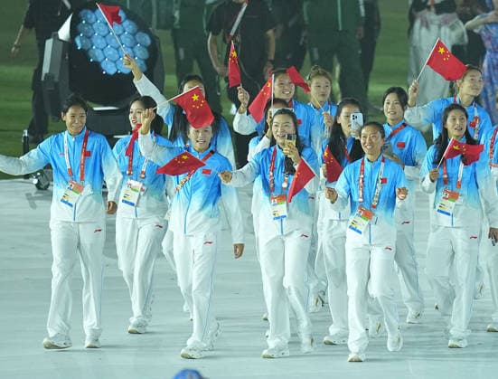 (261004) -- NAGOYA, Oct. 4, 2026 -- Delegation of China parade into the stadium during the closing ceremony of the 20th Asian Games Aichi-Nagoya 2026 in Nagoya, Japan, Oct. 4, 2026. ) (SP)JAPAN-NAGOYA-ASIAN GAMES-CLOSING CEREMONY CheongxKamxKa