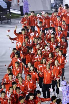 Aichi-Nagoya Asian Games: Closing ceremony Japanese athletes march during the closing ceremony of the Aichi-Nagoya Asian Games at Mizuho Park Athletic Stadium in Nagoya, central Japan, on Oct. 4, 2026. A14AA0005630016P