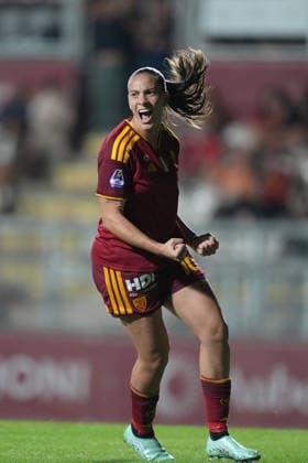 Roma™s Alice Corelli celebrates after scoring during the Serie A Women soccer match between Roma and Lazio at the Rome s Tre Fontane stadium, Italy - Saturday October 3, 2026 - Soccer ( Photo by Alfredo Falcone LaPresse ) Copyright: xAlfredoxFalcone LaPressex