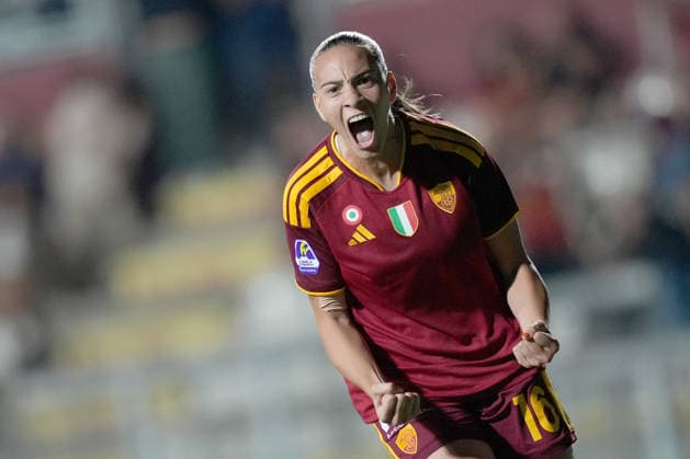 Roma™s Alice Corelli celebrates after scoring during the Serie A Women soccer match between Roma and Lazio at the Rome s Tre Fontane stadium, Italy - Saturday October 3, 2026 - Soccer ( Photo by Alfredo Falcone LaPresse ) Copyright: xAlfredoxFalcone LaPressex