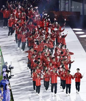 Aichi-Nagoya Asian Games: Closing ceremony Japanese athletes march during the closing ceremony of the Aichi-Nagoya Asian Games at Mizuho Park Athletic Stadium in Nagoya, central Japan, on Oct. 4, 2026. A14AA0005630019P