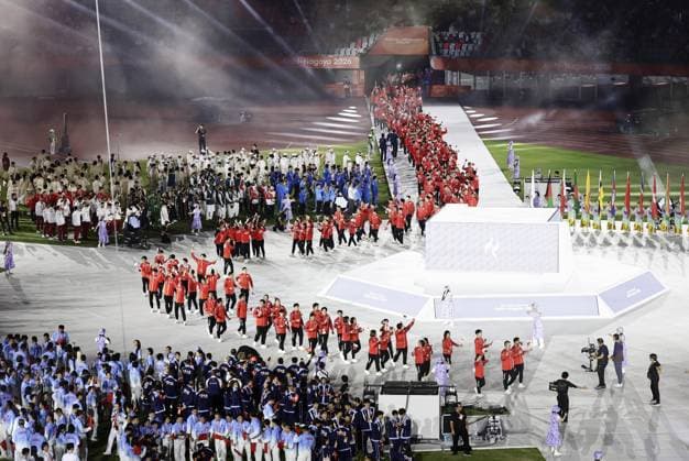 Aichi-Nagoya Asian Games: Closing ceremony Japanese athletes march during the closing ceremony of the Aichi-Nagoya Asian Games at Mizuho Park Athletic Stadium in Nagoya, central Japan, on Oct. 4, 2026. A14AA0005630020P