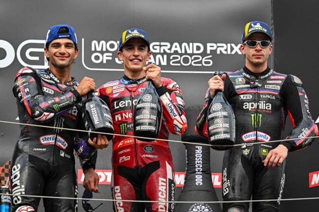 MOTO - MOTO GP - GRAND PRIX OF JAPAN 2026 MARQUEZ Marc (spa), Ducati Lenovo Team, Ducati Desmosedici GP26, podium, portrait with MARTIN Jorge (spa), Aprilia Racing, Aprilia RS-GP26 and BEZZECCHI Marco (ita), Aprilia Racing, Aprilia RS-GP26 during the 2026 MotoGP Motul Grand Prix of Japan on the Twin Ring Motegi Circuit from October 2 to 4th, At Motegi, Japan - MotegiJapan Copyright: xGIGIxSOLDANOx