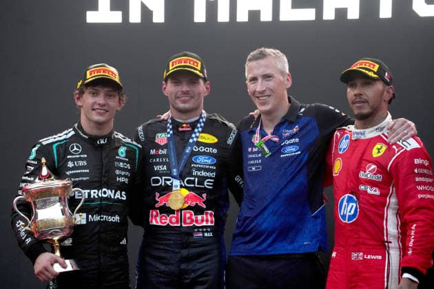 2026 Formula 1 Gulf Air Bahrain Grand Prix, October 4, 2026, Sepang International Circuit, Kuala Lumpur, 2026 Formula 1 Gulf Air Bahrain Grand Prix, Podium, Winner: Max Verstappen (NLD), Oracle Red Bull Racing, 2nd place: Andrea Kimi Antonelli (ITA), Mercedes AMG Petronas Formula One Team; 3rd place: Lewis Hamilton (GBR), Scuderia Ferrari HP; Kuala Lumpur, Sepang International Circuit, Malaysia Copyright: xNordphotox xBraticx