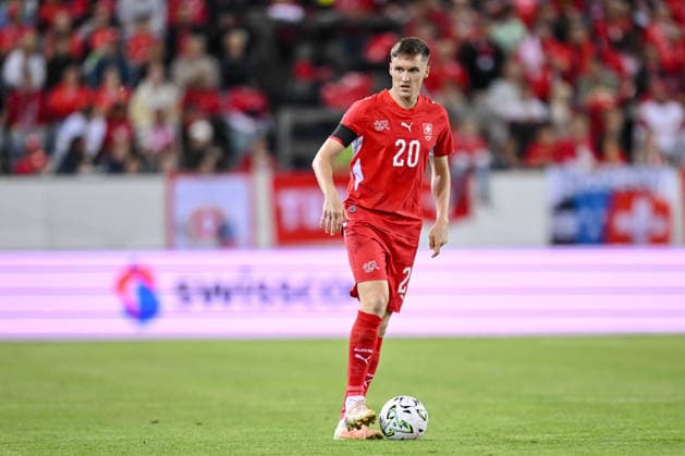 Michel Aebischer of Switzerland controls the ball during the UEFA Nations League 2026–27 group stage match between Switzerland and Slovenia at Luzern Arena on October 3, 2026, in Lucerne, Switzerland. Photo by Harry Langer, DeFodi Images