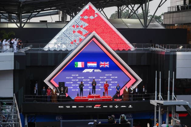 F1 - BAHRAIN GRAND PRIX IN MALAYSIA 2026 podium KIMI ANTONELLI Andrea (ita), Mercedes AMG F1 Team W17, VERSTAPPEN Max (nld), Red Bull Racing Ford RB22, HAMILTON Lewis (gbr), Scuderia Ferrari SF-26, portrait during the 2026 Formula 1 Bahrain Grand Prix in Malaysia, 16th round of the 2026 Formula One World Championship, WM, Weltmeisterschaft from October 2 to 4, 2026 on the Sepang International Circuit, in Sepang, Malaysia - SepangMalaysia  Copyright: xANTONINxVINCENTx