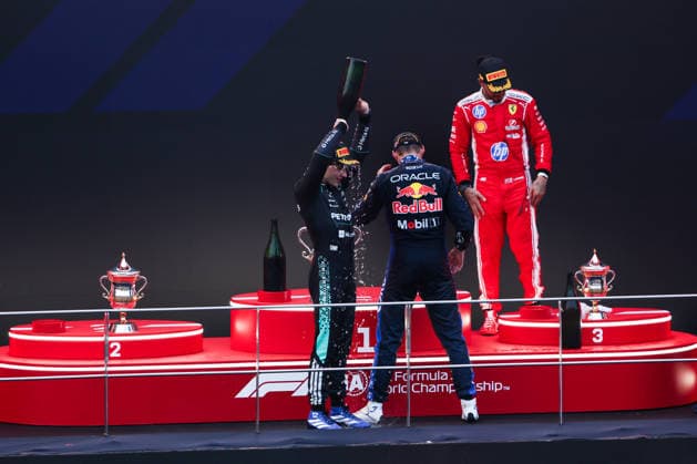 F1 - BAHRAIN GRAND PRIX IN MALAYSIA 2026 podium KIMI ANTONELLI Andrea (ita), Mercedes AMG F1 Team W17, VERSTAPPEN Max (nld), Red Bull Racing Ford RB22, HAMILTON Lewis (gbr), Scuderia Ferrari SF-26, portrait during the 2026 Formula 1 Bahrain Grand Prix in Malaysia, 16th round of the 2026 Formula One World Championship, WM, Weltmeisterschaft from October 2 to 4, 2026 on the Sepang International Circuit, in Sepang, Malaysia - SepangMalaysia  Copyright: xANTONINxVINCENTx