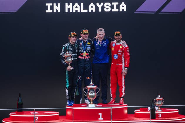 F1 - BAHRAIN GRAND PRIX IN MALAYSIA 2026 podium KIMI ANTONELLI Andrea (ita), Mercedes AMG F1 Team W17, VERSTAPPEN Max (nld), Red Bull Racing Ford RB22, HAMILTON Lewis (gbr), Scuderia Ferrari SF-26, portrait during the 2026 Formula 1 Bahrain Grand Prix in Malaysia, 16th round of the 2026 Formula One World Championship, WM, Weltmeisterschaft from October 2 to 4, 2026 on the Sepang International Circuit, in Sepang, Malaysia - SepangMalaysia  Copyright: xANTONINxVINCENTx