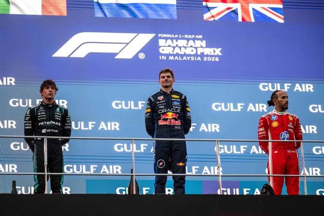 F1 - BAHRAIN GRAND PRIX IN MALAYSIA 2026 podium KIMI ANTONELLI Andrea (ita), Mercedes AMG F1 Team W17, portrait VERSTAPPEN Max (nld), Red Bull Racing Ford RB22, portrait HAMILTON Lewis (gbr), Scuderia Ferrari SF-26, portrait during the 2026 Formula 1 Bahrain Grand Prix in Malaysia, 16th round of the 2026 Formula One World Championship, WM, Weltmeisterschaft from October 2 to 4, 2026 on the Sepang International Circuit, in Sepang, Malaysia - SepangMalaysia  Copyright: xALBERTOxVIMERCATIx