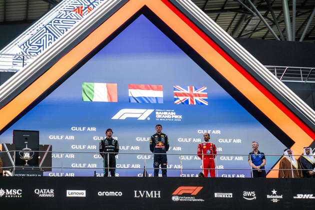 F1 - BAHRAIN GRAND PRIX IN MALAYSIA 2026 podium KIMI ANTONELLI Andrea (ita), Mercedes AMG F1 Team W17, portrait VERSTAPPEN Max (nld), Red Bull Racing Ford RB22, portrait HAMILTON Lewis (gbr), Scuderia Ferrari SF-26, portrait during the 2026 Formula 1 Bahrain Grand Prix in Malaysia, 16th round of the 2026 Formula One World Championship, WM, Weltmeisterschaft from October 2 to 4, 2026 on the Sepang International Circuit, in Sepang, Malaysia - SepangMalaysia  Copyright: xALBERTOxVIMERCATIx