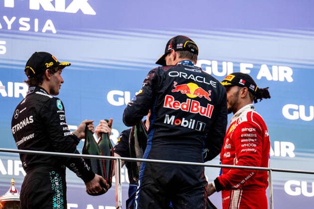 F1 - BAHRAIN GRAND PRIX IN MALAYSIA 2026 podium KIMI ANTONELLI Andrea (ita), Mercedes AMG F1 Team W17, portrait HAMILTON Lewis (gbr), Scuderia Ferrari SF-26, portrait VERSTAPPEN Max (nld), Red Bull Racing Ford RB22, portrait during the 2026 Formula 1 Bahrain Grand Prix in Malaysia, 16th round of the 2026 Formula One World Championship, WM, Weltmeisterschaft from October 2 to 4, 2026 on the Sepang International Circuit, in Sepang, Malaysia - SepangMalaysia  Copyright: xALBERTOxVIMERCATIx