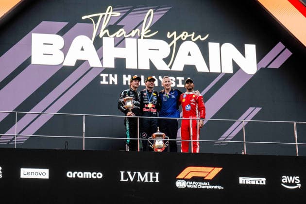 F1 - BAHRAIN GRAND PRIX IN MALAYSIA 2026 podium VERSTAPPEN Max (nld), Red Bull Racing Ford RB22, portrait KIMI ANTONELLI Andrea (ita), Mercedes AMG F1 Team W17, portrait HAMILTON Lewis (gbr), Scuderia Ferrari SF-26, portrait during the 2026 Formula 1 Bahrain Grand Prix in Malaysia, 16th round of the 2026 Formula One World Championship, WM, Weltmeisterschaft from October 2 to 4, 2026 on the Sepang International Circuit, in Sepang, Malaysia - SepangMalaysia  Copyright: xALBERTOxVIMERCATIx