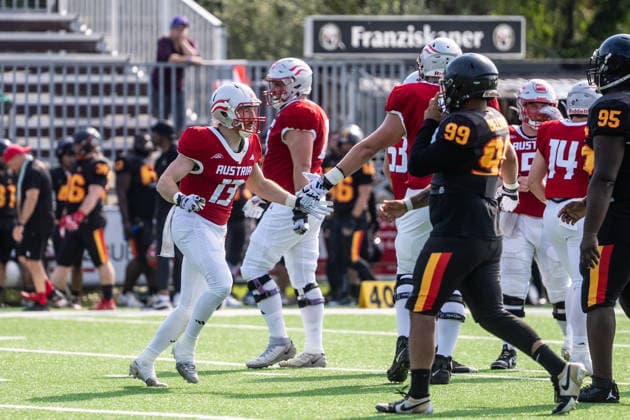 AMERICAN FOOTBALL - IFAF EC, AUT vs BEL SALZBURG,AUSTRIA,04.OCT.26 - AMERICAN FOOTBALL - IFAF European Championship, EM, Europameisterschaft Austria vs Belgium. Image shows the rejoicing of Daniel Holzmann (AUT).  GEPAxpictures xJulioxArellano