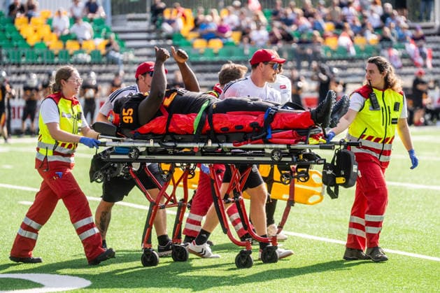 AMERICAN FOOTBALL - IFAF EC, AUT vs BEL SALZBURG,AUSTRIA,04.OCT.26 - AMERICAN FOOTBALL - IFAF European Championship, EM, Europameisterschaft Austria vs Belgium. Image shows Frederic Makanda (BEL) injured.  GEPAxpictures xJulioxArellano