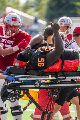 AMERICAN FOOTBALL - IFAF EC, AUT vs BEL SALZBURG,AUSTRIA,04.OCT.26 - AMERICAN FOOTBALL - IFAF European Championship, EM, Europameisterschaft Austria vs Belgium. Image shows Frederic Makanda (BEL) injured.  GEPAxpictures xJulioxArellano