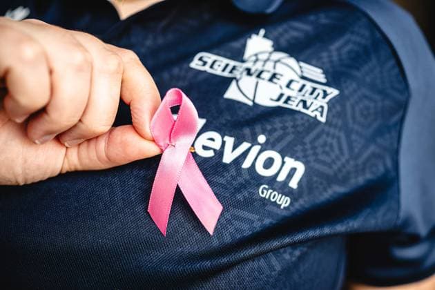 easycredit BBL Basketball Bundesliga 2026–2027, Matchday 4: Science City Jena vs. NINERS Chemnitz on October 4, 2026. A pink ribbon symbolizing Breast Cancer Awareness Month in October and the importance of early detection. Sparkassen Arena