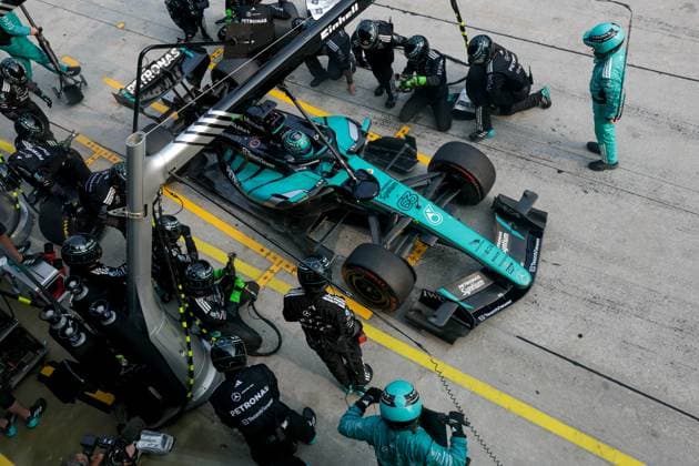 63 RUSSELL George (GBR), Mercedes AMG F1 Team W17, action from the 2026 Bahrain F1 Grand Prix in Malaysia; KIMI ANTONELLI Andrea (ITA), Mercedes AMG F1 Team W16, portrait from the 2026 Bahrain F1 Grand Prix in Malaysia, during the 2026 Formula 1 Bahrain Grand Prix in Malaysia, the 16th round of the 2026 Formula One World Championship held from October 2 to 4, 2026 at the Sepang International Circuit in Sepang, Malaysia. Photo by Jiri Krenek, Active Pictures Malaysia