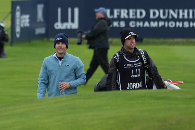 RECORD DATE NOT STATED 4th October 2026; Old Course at St Andrews, St Andrews, Scotland; DP World Tour Golf, Alfred Dunhill Links Championship, Final Day; Matthew Jordan and his caddie Chris Simmons walk up the fairway on the 2nd hole AlecxBrown