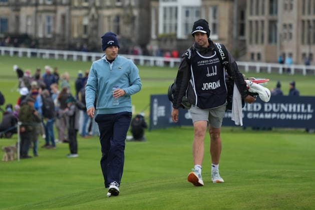 RECORD DATE NOT STATED 4th October 2026; Old Course at St Andrews, St Andrews, Scotland; DP World Tour Golf, Alfred Dunhill Links Championship, Final Day; Matthew Jordan and his caddie Chris Simmons walk up the fairway on the 2nd hole AlecxBrown