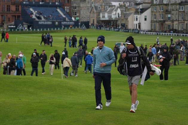 RECORD DATE NOT STATED 4th October 2026; Old Course at St Andrews, St Andrews, Scotland; DP World Tour Golf, Alfred Dunhill Links Championship, Final Day; Matthew Jordan and his caddie Chris Simmons walk up the fairway on the 2nd hole AlecxBrown
