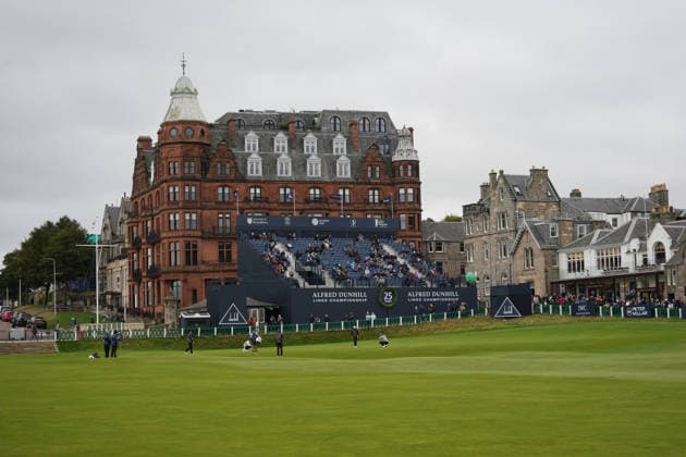 RECORD DATE NOT STATED 4th October 2026; Old Course at St Andrews, Mount Melville, Scotland; DP World Tour Golf, Alfred Dunhill Links Championship, Final Day; general view of 18th green and grandstand AlecxBrown